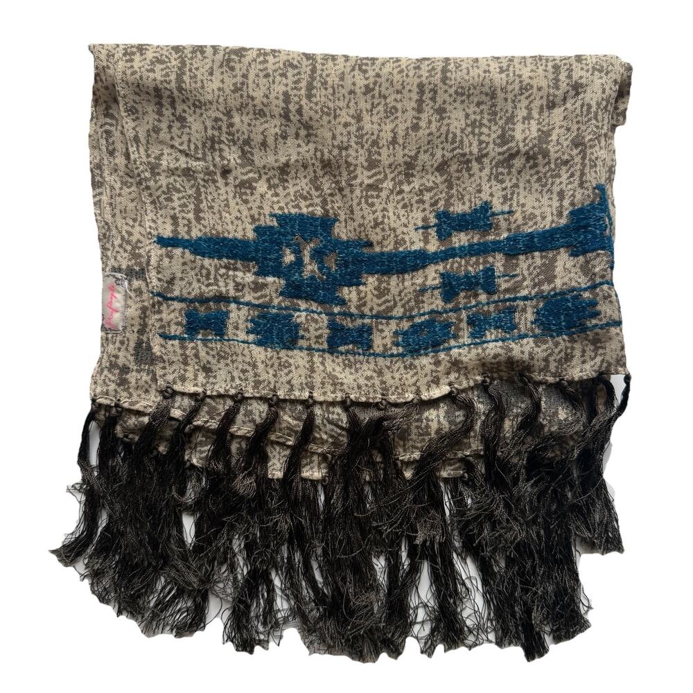 Free People Beige & Teal Patterned Fringe Scarf